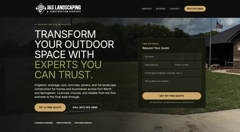 J&S Landscaping website homepage showing outdoor patio renovation with contact form and call-to-action buttons