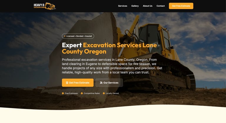 Excavation services website header featuring a yellow bulldozer on dusty terrain with navigation menu and call-to-action buttons